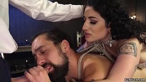 Busty femdom gangbang man slave